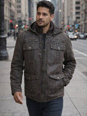 Guess Men’s Utility Jacket Brown Zip Front Detachable Hood Plaid Lined L